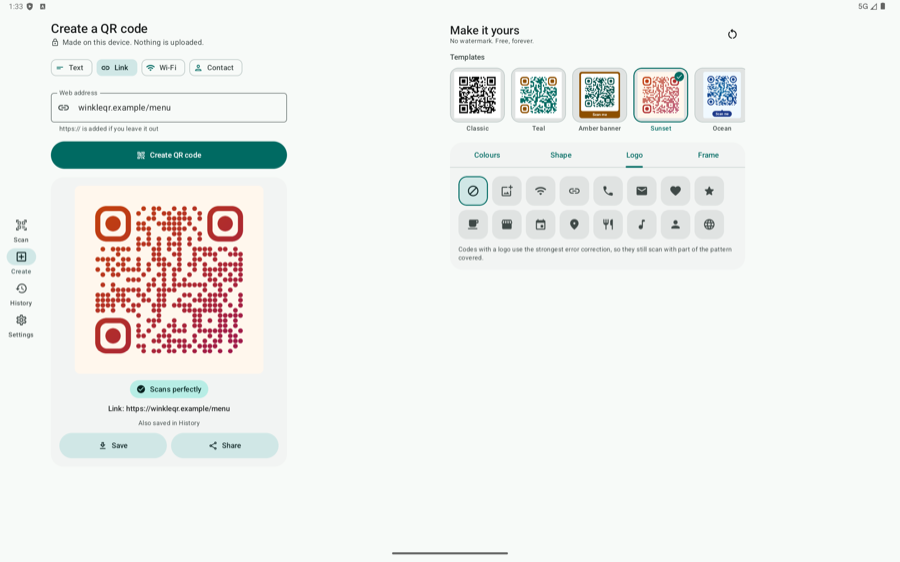 Tablet showing Create in two panes with a wide Style Studio