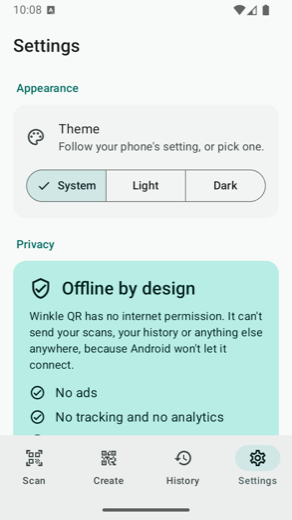 Settings screen with an Offline by design card